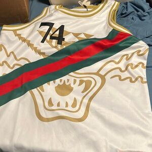 Mitchell & Ness White Jersey with Gold, Black, Green, and Red Accents